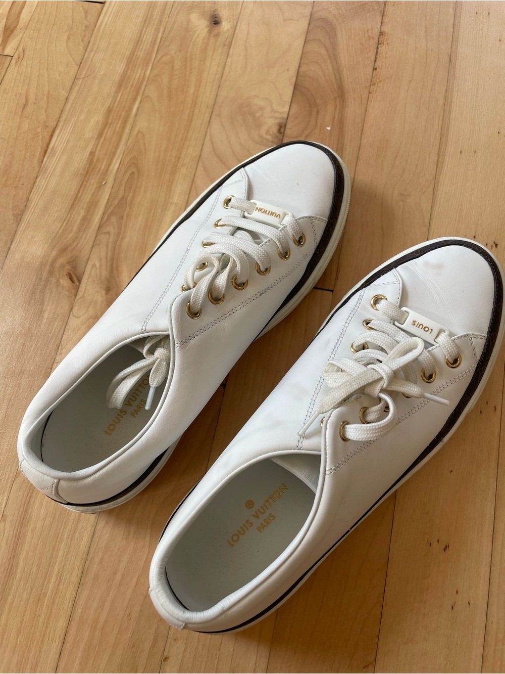 Louis Vuitton White Leather Low-Top Sneakers with Gold Hardware